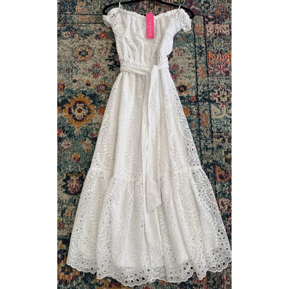 NWT Lilly Pulitzer Geri Off The Shoulder Swirly Fern Scalloped Maxi Dress Size S - Picture 1 of 9